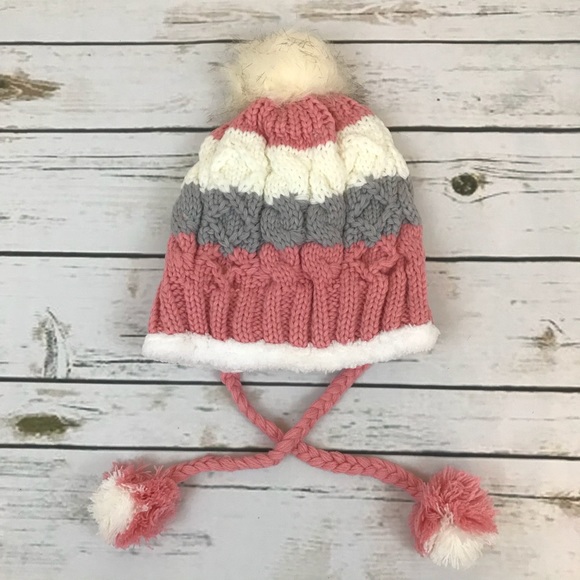 Pink & Grey Beanie w/ Pom Poms Lined w/ Fleece - Picture 2 of 6